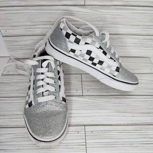 Vans Kids glitter checkerboard sneakers. Sz 1.5 kids. Silver glitter. Blk/wht✔️